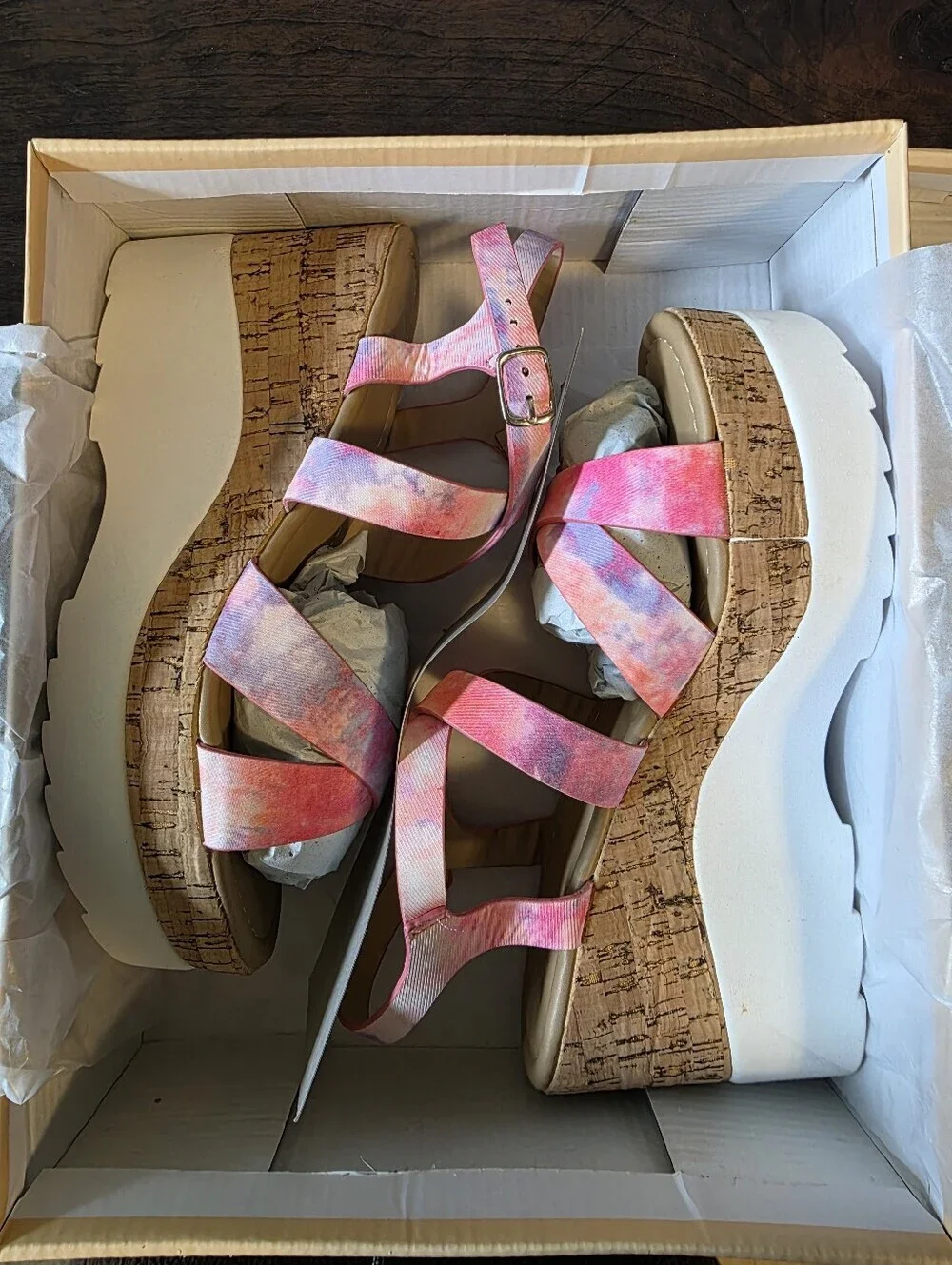 YOKI Jackie Pink Purple Tie Dye Strappy Platform Cork Wedge Sandals NEW Size 7.5